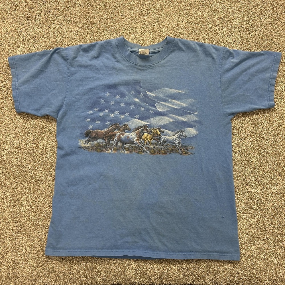 Y2K Horses USA Flag Shirt Mens Large Blue Patriotic Western Tee T-Shirt Anvil